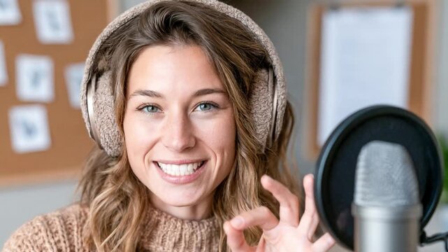 Woman Wearing Headphones by Microphone: A young woman with headphones on and smiling, making an okay sign with her fingers, sits in front of a microphone.