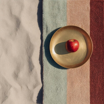 Top-down still life with apple on brass bowl over striped textured beach towel, stylish summer lifestyle composition for fashion branding, hospitality marketing, and editorial design.