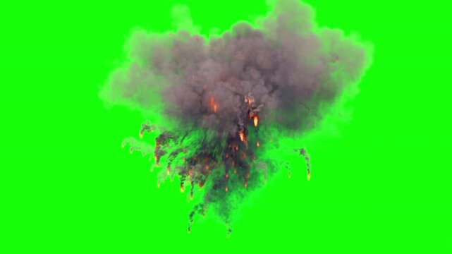 Explosion with flying shrapnel and projectiles on green screen. Ground impact explosion with heavy smoke and fiery debris. Realistic bomb detonation isolated.