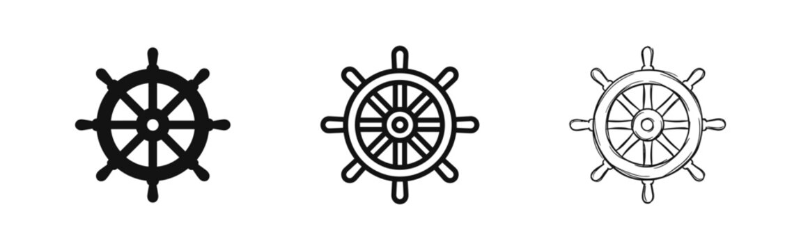 Ship Wheel Helm Icon Set in Solid, Outline, and Sketch Hand-Drawn Styles