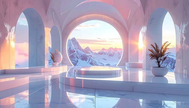 Serene futuristic interior with arches.