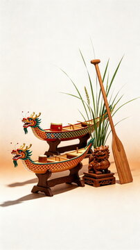 Two Colorful Wooden Dragon Boat Ornaments with Reed and Wood Oar, Traditional Dragon Boat Festival Still Life Photo