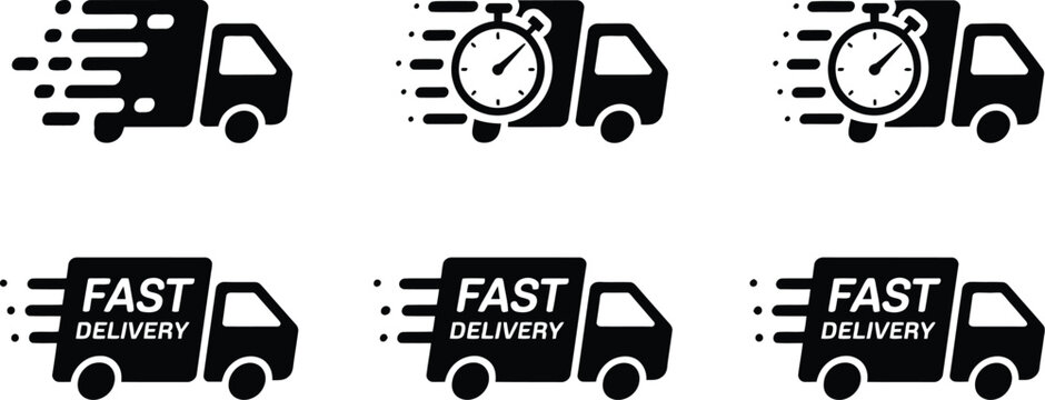 Fast delivery icons, express shipping and 24 hour service symbols with van truck elements for logistics operations.