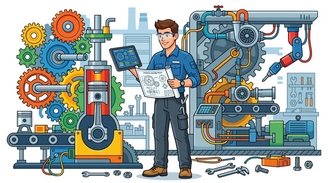 Mechanical engineer in blue overalls standing amidst colorful industrial machinery, holding a tablet and technical drawings, surrounded by gears, pistons, and tools in a modern factory