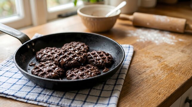 Delicious homemade chocolate cookies baking in a skillet on a checkered cloth next to flour dusted rolling pin and kitchen counter preparing sweet baked goods for enjoyment