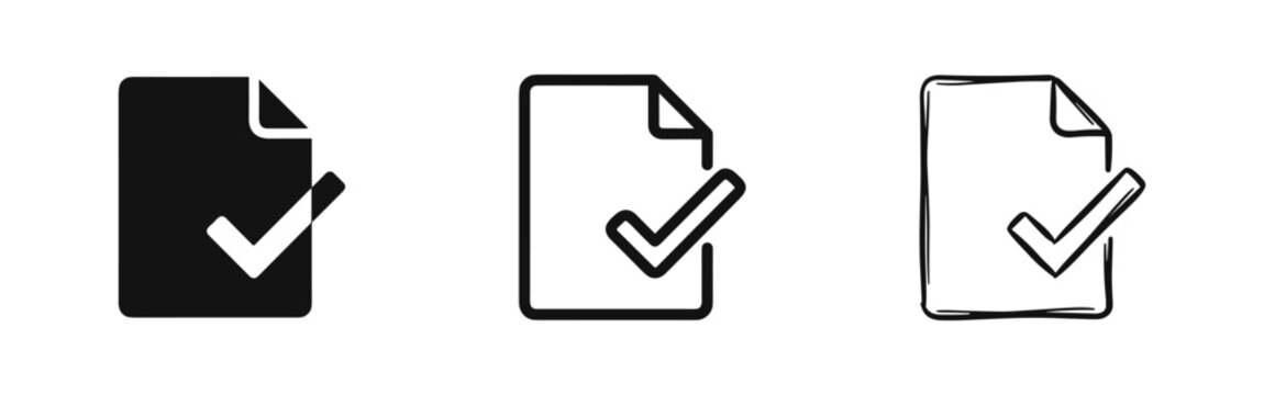 Approved document with checkmark icon set. File with valid verification symbol. Task completed and confirmation concept.
