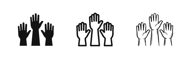 Obraz premium Raised hands icon set. Vote, volunteer, or participation symbol, community gesture.