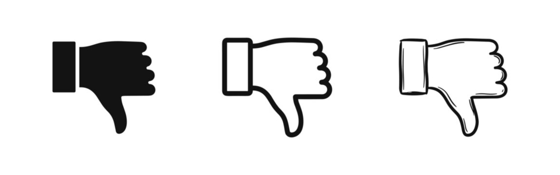 Thumbs down icon set. Dislike symbol, negative feedback, disapproval gesture, bad rating sign.