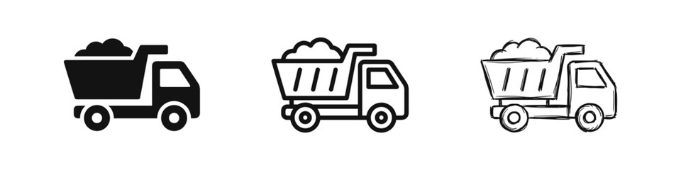 Dump Truck Icon Set in Solid, Outline and Hand Drawn Sketch Styles © drawing lines