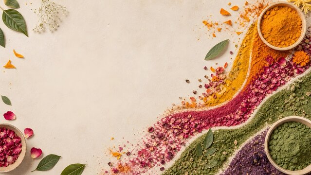 Organic Herbal Holi Powder Wave Flatlay Background with Dried Rose Petals and Clay Bowls