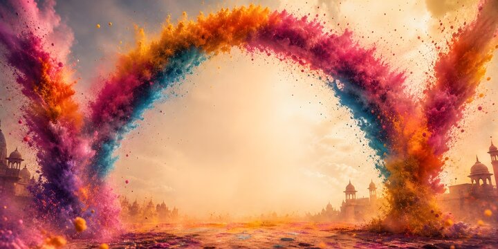 Giant Colorful Powder Splash Arch Holi Festival Background with Ancient Temple Silhouette