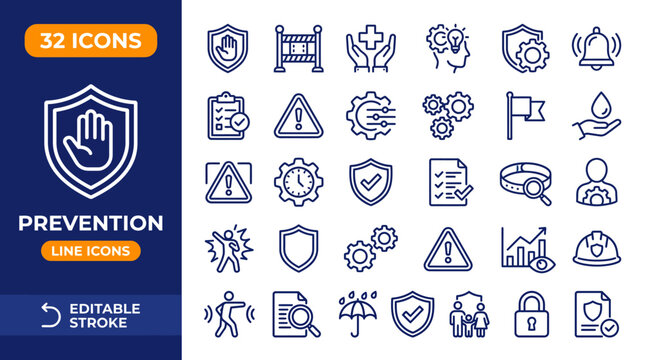 Prevention icon set. Contain icons related to safety, risk, protection, control, awareness, disease, hygiene, and more. Editable stroke. Vector illustration