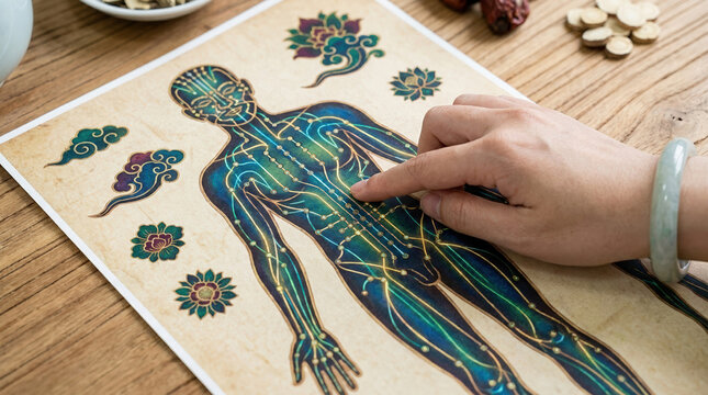 Hand pointing to meridian chart body acupuncture points. Traditional Chinese medicine study with jade bracelet and herbs