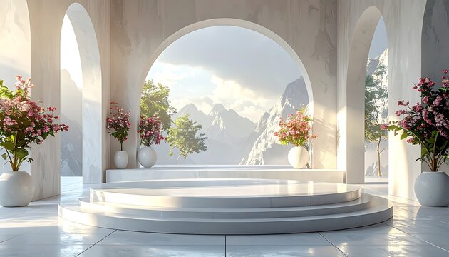 Serene white archway with floral arrangements.