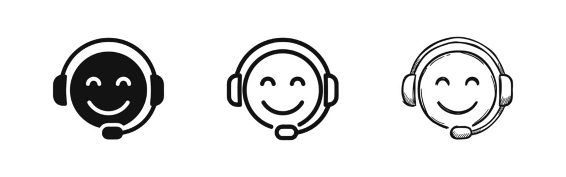 Customer Service Headset Icons Set - Smiley Face with Microphone for Online Support and Helpdesk Communication