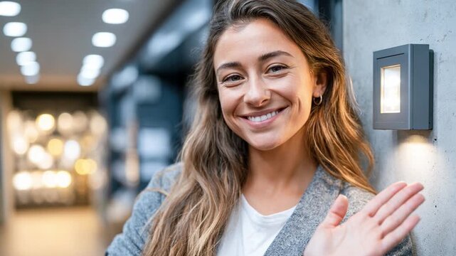 Friendly Greeting: A smiling woman with wavy hair and a welcoming gesture offers a warm greeting, conveying approachability and positivity in an indoor setting.