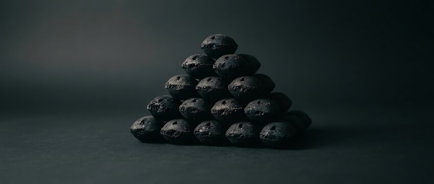 Pyramid of charcoal briquettes on a dark minimalist background