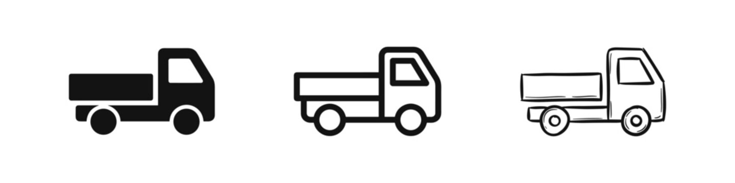 Small pickup truck icon set in solid, line, and hand-drawn sketch styles for delivery and logistics
