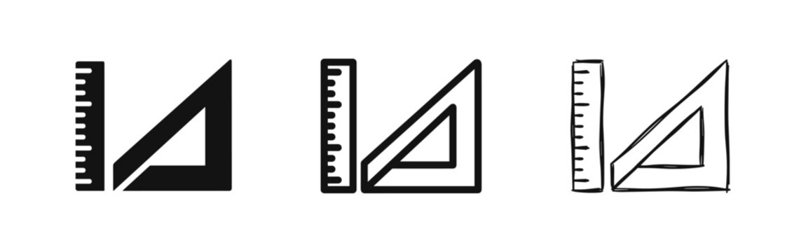 Ruler and Set Square Icons Set. Geometry and Drafting Tools in Glyph, Outline, and Hand-Drawn Sketch Styles. Education Symbol.