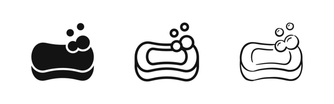 Bar Soap with Bubbles Icon Set, Hygiene and Cleaning Symbol in Solid, Outline, and Hand-Drawn Styles for Bathroom Design