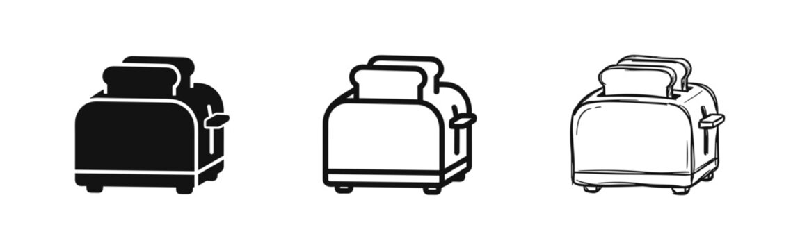 Toaster icons with bread slices in solid, outline, and hand-drawn doodle styles