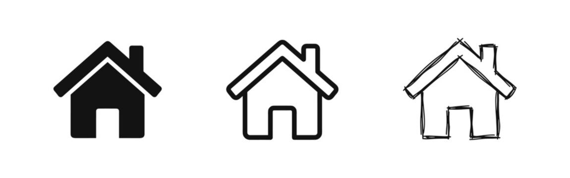 Home and house icons set in solid, line art, and hand-drawn sketchy styles