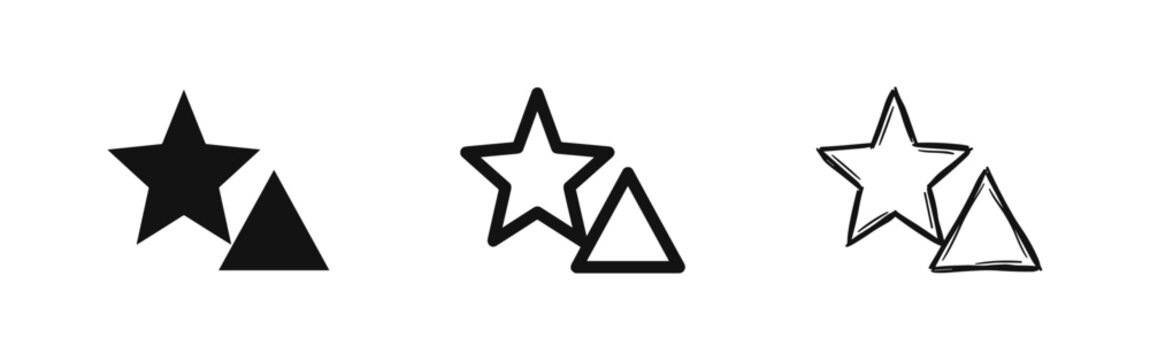 Geometric shape icons with star and triangle in solid, outline, and hand-drawn styles
