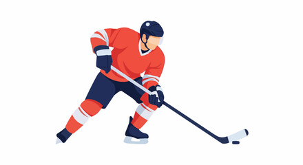 Obraz premium A hockey player in an orange jersey and blue shorts prepares to hit a puck
