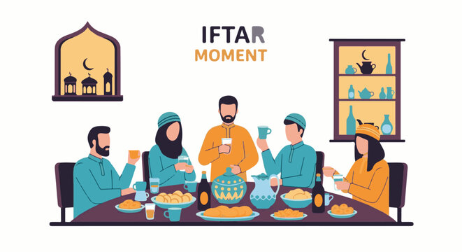 A group of people gathered around a table with food and drinks for iftar