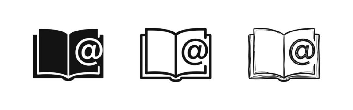 Address book email contact icon set in solid, outline and hand-drawn sketch styles