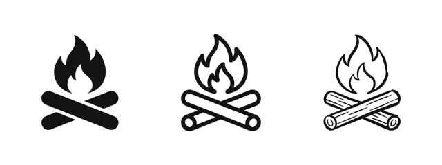 Campfire Icons Set in Solid, Line, and Hand-Drawn Styles for Outdoor, Camping, and Adventure Themes © drawing lines