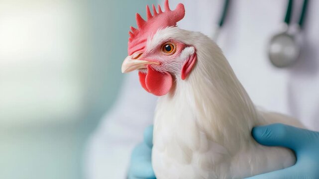 Veterinarian wearing blue gloves holds a white chicken during a medical checkup, ensuring its health and well being in a bright and sterile environment