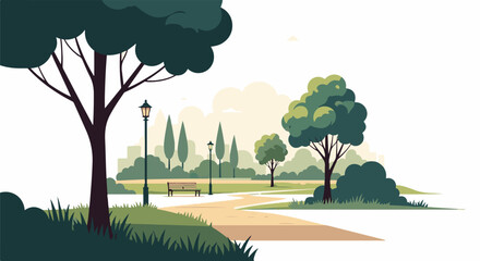 Fototapeta premium A serene park scene with trees, a path, and benches