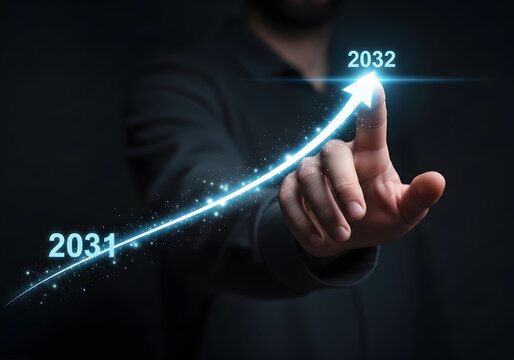 Person pointing at a rising arrow graph showing business growth from year 2031 to 2032