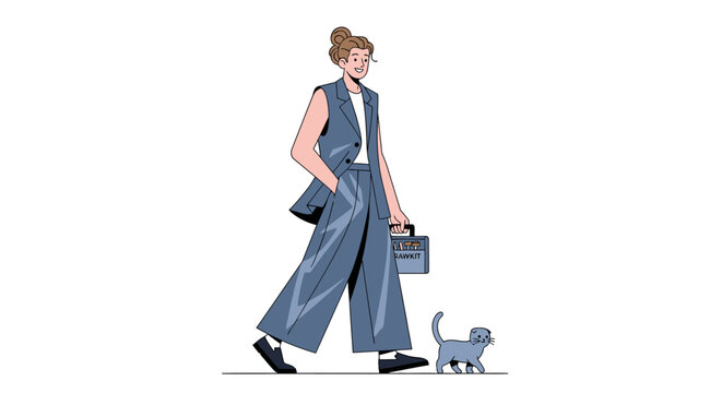 Woman walking with cat and briefcase in illustration style.