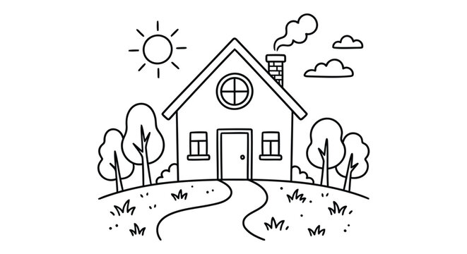 A simple black and white line art illustration of a cozy country house surrounded by trees, grass, and a sunny sky, perfect for coloring pages.