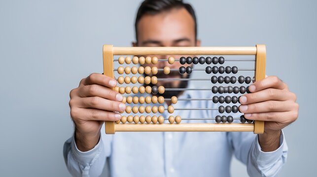Person holding abacus to face, counting beads, calculating budget, finance, or business strategy
