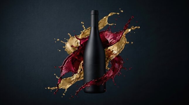 Sleek matte black wine bottle with a dramatic explosive swirl of rich crimson red and liquid gold fluid on dark background generative ai