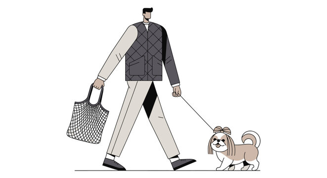 Man walking small dog on leash while carrying shopping bag.
