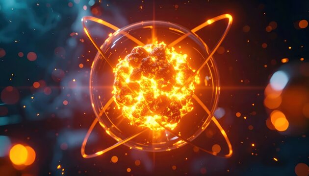 A glowing, energetic atomic structure with a core explosion and orbital rings
