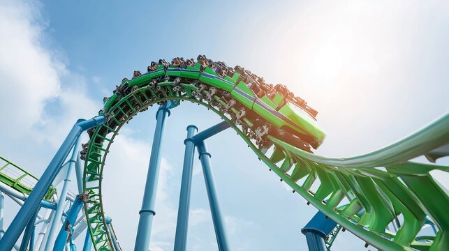 Roller coaster train climbing steep green track under bright blue sky, experiencing adrenaline and excitement, fun amusement park ride