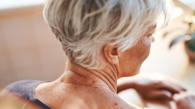 Elderly Person Looking Down with Short Gray Hair