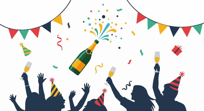 A colorful illustration of silhouetted people celebrating with champagne and party decorations