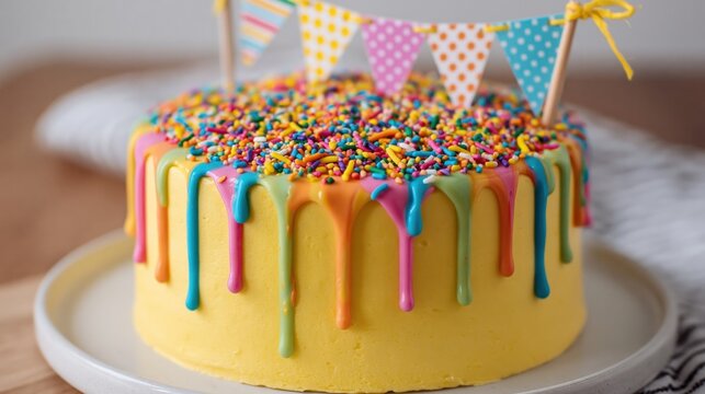 Colorful drip cake with yellow buttercream, rainbow sprinkles and bunting for a child's birthday party table background and dessert display banner design