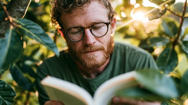 Man Immersed in Reading Book amidst Nature