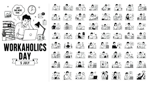 Workaholics Day vector icon set, stressed office employees working late at desk, black and white doodle illustrations of burnout and overtime