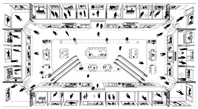 Architectural floor plan of a busy shopping mall, top view vector illustration of a commercial retail center with people silhouettes and escalators