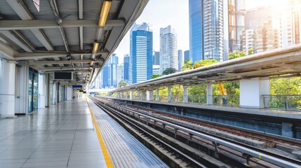 Fototapeta premium Elevated train platform with modern city skyline, urban public transportation infrastructure