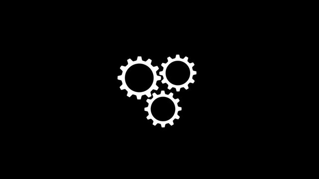 3 white gears spinning on a black background alpha channel. Gears rotating animation, Cogwheel gear spinning around animation. cog wheel icon turning animated background, with 4k video animation.