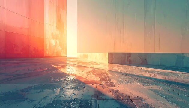 Sunset over cityscape with modern architecture.